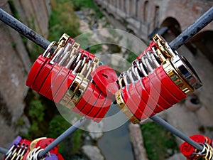 Banch of heart key locks attached to the bridge in historical part of Tibilisi Georgia