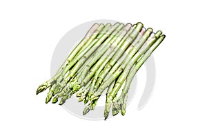 banches of fresh green asparagus. Isolated on white background. Top view.