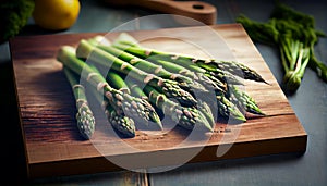 banches of fresh green asparagus on wooden background, top view
