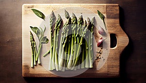 banches of fresh green asparagus on wooden background, top view