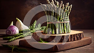 banches of fresh green asparagus on wooden background, top view