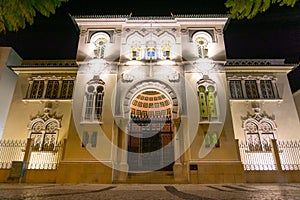 Banco de Portugal Faro moorish style building at night