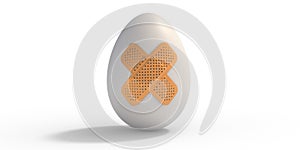 Band aid cross shape on a white egg isolated on white background. 3d illustration