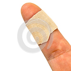 Band aid plaster of cloth wrapped in an injured thumb