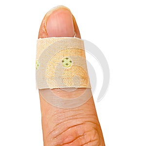 Band aid plaster of cloth wrapped in an injured thumb