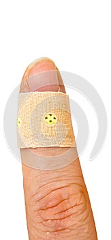 Band aid plaster of cloth wrapped in an injured thumb