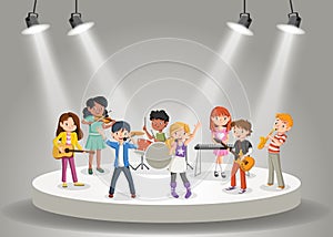 Band with cartoon children playing music on stage