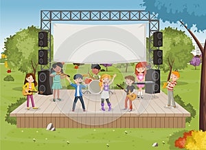 Band with cartoon children playing music on stage in the park