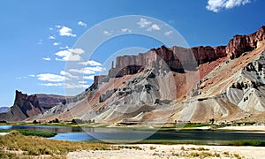 Band-e Amir Lakes, Afghanistan: View of a lake and the Hindu Kush mountains