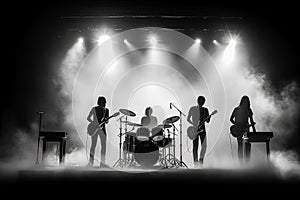 A band of five musicians are silhouetted against a backdrop of smoke and light.