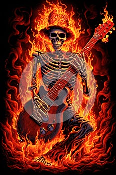 Band guitar skeleton flames grateful dead psychedelia Generative AI photo