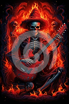 Band guitar skeleton flames grateful dead psychedelia Generative AI photo