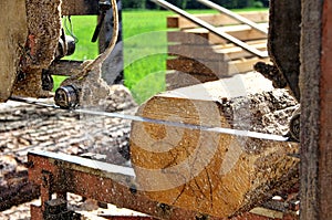 The band sawmill cuts the log into planks. sawdust fly to the sides. saw tensioner roller.