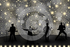 Band show concept with yellow light and stars. Set of silhouettes of musicians, singers and dancers