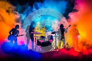 A band of three musicians playing instruments in front of a colorful smoke backdrop.