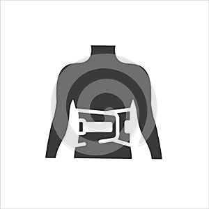 Bandage belt for a back glyph black icon. Medical support for the lumbar after injuries and sprains. Bandage to relieve pain.