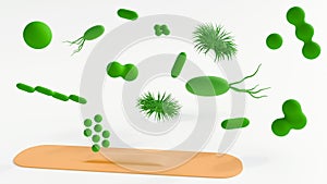 A bandage and different types of bacteria and microscopic organisms