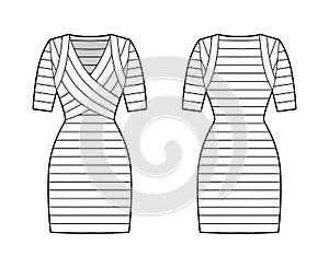 Bandage dress technical fashion illustration with V-neck, short sleeves, fitted, elasticated, knee length, pencil cut