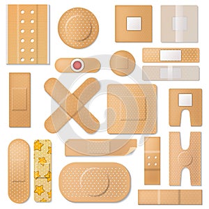 Bandage vector band plaster and medical protection patch for first aid illustration set of sticky bandaids isolated on