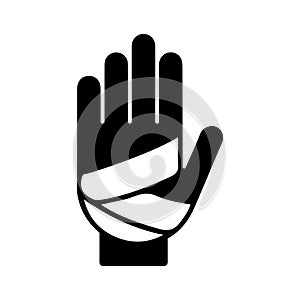 Bandaged hand, injury icon. Black vector graphics