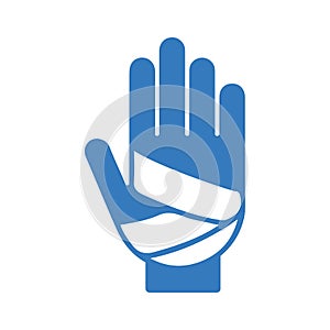 Bandaged hand, injury icon. Blue color design