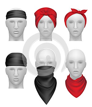 Bandanas set. Stylish clothes for bikers and gangsters mannequin head vector realistic