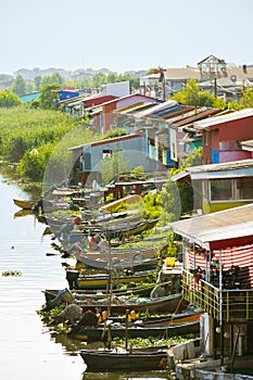 Bandar Anzali, Iran - 10th june, 2022: beautiful colorful iranian houses along wetlands river in Bandar Anzali, caspian sea coast