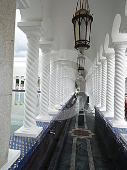Lamps in one of the corridors of the ablution area of the Sultan Omar Ali Saifuddin Mosque in Brunei