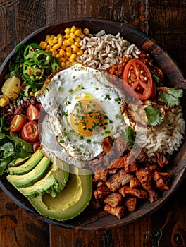 Bandeja paisa, a traditional Colombian platter featuring a hearty and flavorful assortment of beans, rice, pork, avocado photo