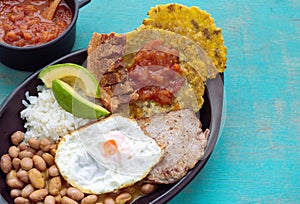 Bandeja Paisa. Typical Colombian food from the Andean region. Concept of Colombian food. Copy space photo