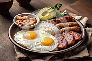 Bandeja Paisa On White Plate, Top View. Generative AI