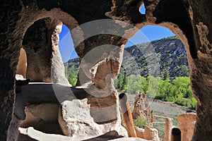 Bandelier National Monument with Inside View of Cliff Dwelling in Canyon Wall, New Mexico photo