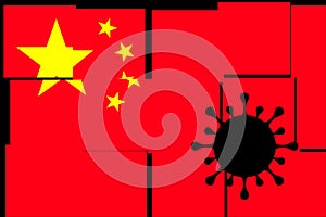 China. Coronavirus. China flag design with illustration of virus over the flag. Explosion of covid infections. omicron variant. photo