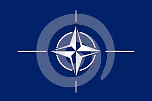NATO. OTAN. NATO flag. OTAN flag. Flag with the NATO logo and OTAN logo. Foreground. Horizontal layout.
