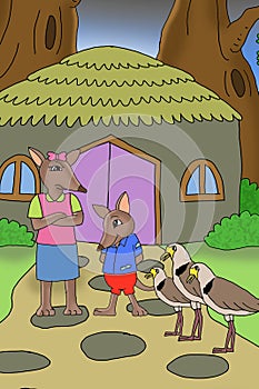 Bandicoot\'s mother scolded her child in front of the birds cartoon illustration