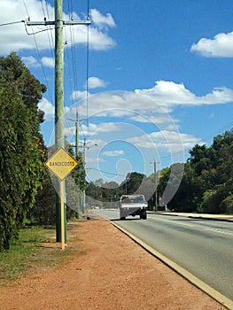 `Bandicoots` sign next to quiet road in Western Australia