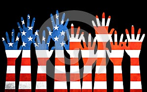 Bandiera USA con mani in diversi colori dietro le strisce della bandiera americana photo