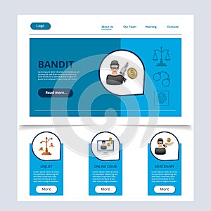 Bandit flat landing page website template. Unjust, online crime, mercenary. Web banner with header, content and footer