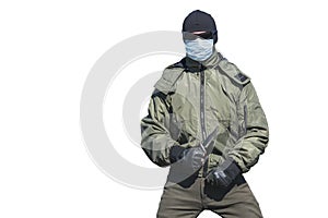 Bandit in a mask and a knife on a white background