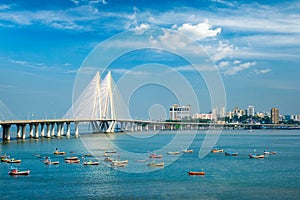 Bandra - Worli Sea Link bridge with fishing boats view from Bandra fort. Mumbai, India