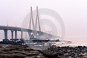 The bandra worli sea link shot at dusk in mumbai a famous landmark that connects the city