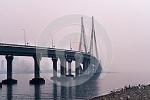 The bandra worli sea link shot at dusk in mumbai a famous landmark that connects the city