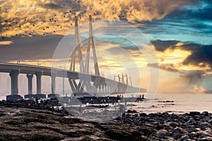 The bandra worli sea link shot at dusk in mumbai a famous landmark that connects the city