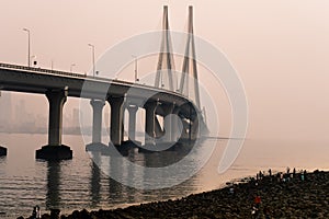 The bandra worli sea link shot at dusk in mumbai a famous landmark that connects the city