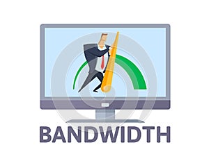 Bandwidth. Man pushing efficiency arrow on computer screen. Wideband internet connection concept. Flat vector