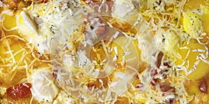 Baner Background of Fried Eggs with Tomatoes, Cheese and Vegetables, Flat Lay