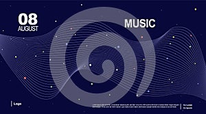 Baner for music page. Music landing page. Music wave poster design. Sound flyer with abstract gradient line waves.