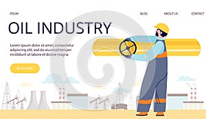 Baner with oilman, gasman on factory in flat style vector illustration