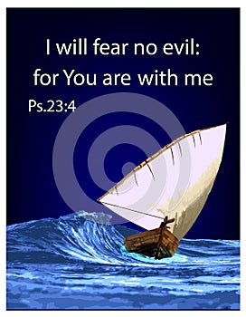 Baner ship in the stormy sea. Realistic boat wave sail. Christian text from the Bible. Vector graphics for the church.