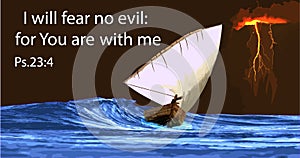 Baner ship in the stormy sea. Realistic boat wave sail lightning. Christian text from the Bible. Vector graphics for the church.